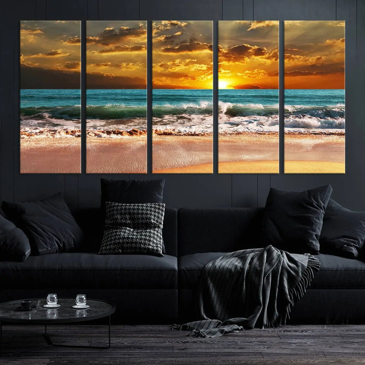 Golden Sunset Beach Canvas Wall Art, a triptych seascape print featuring a serene ocean sunset, is displayed prominently.