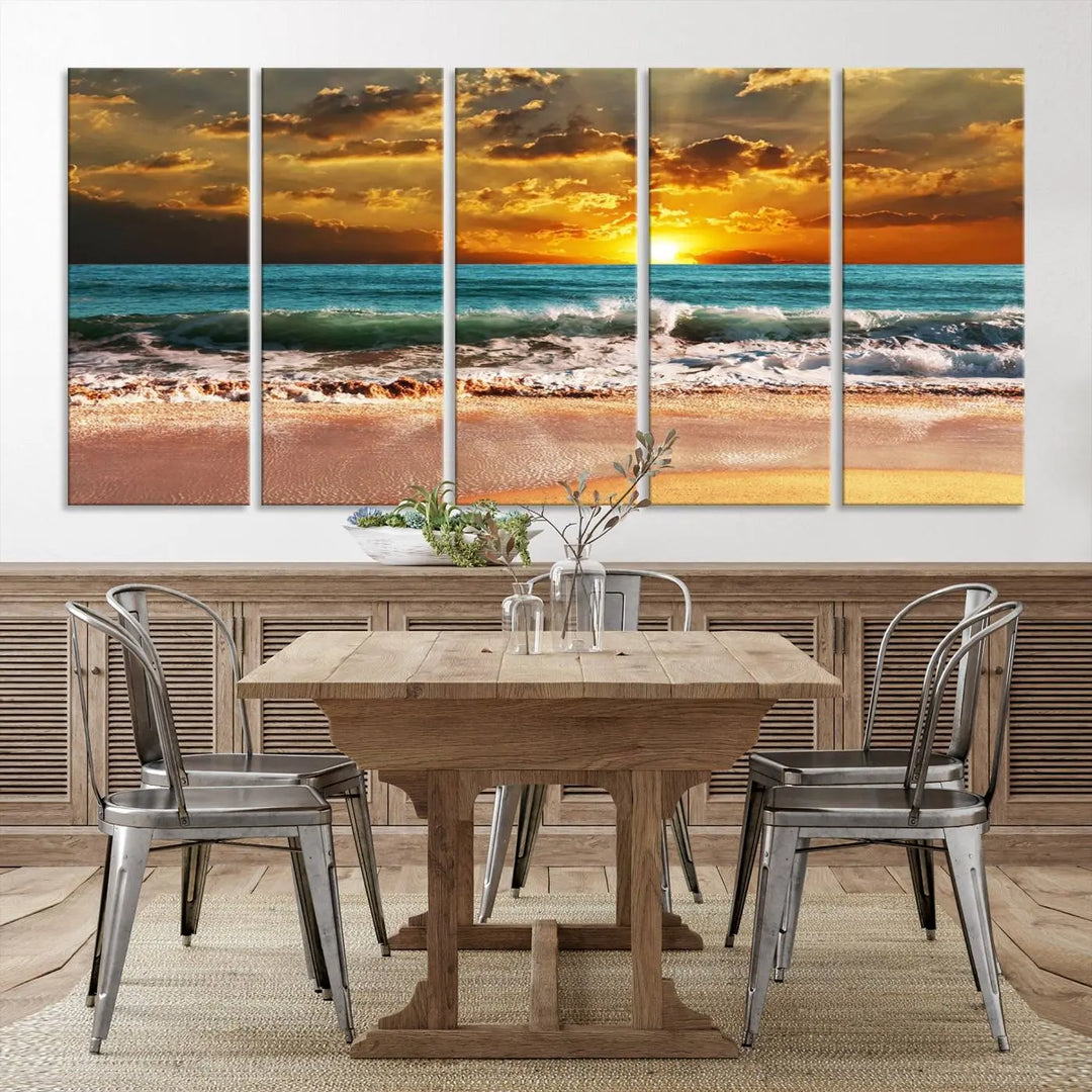 Golden Sunset Beach Canvas Wall Art, a triptych seascape print featuring a serene ocean sunset, is displayed prominently.