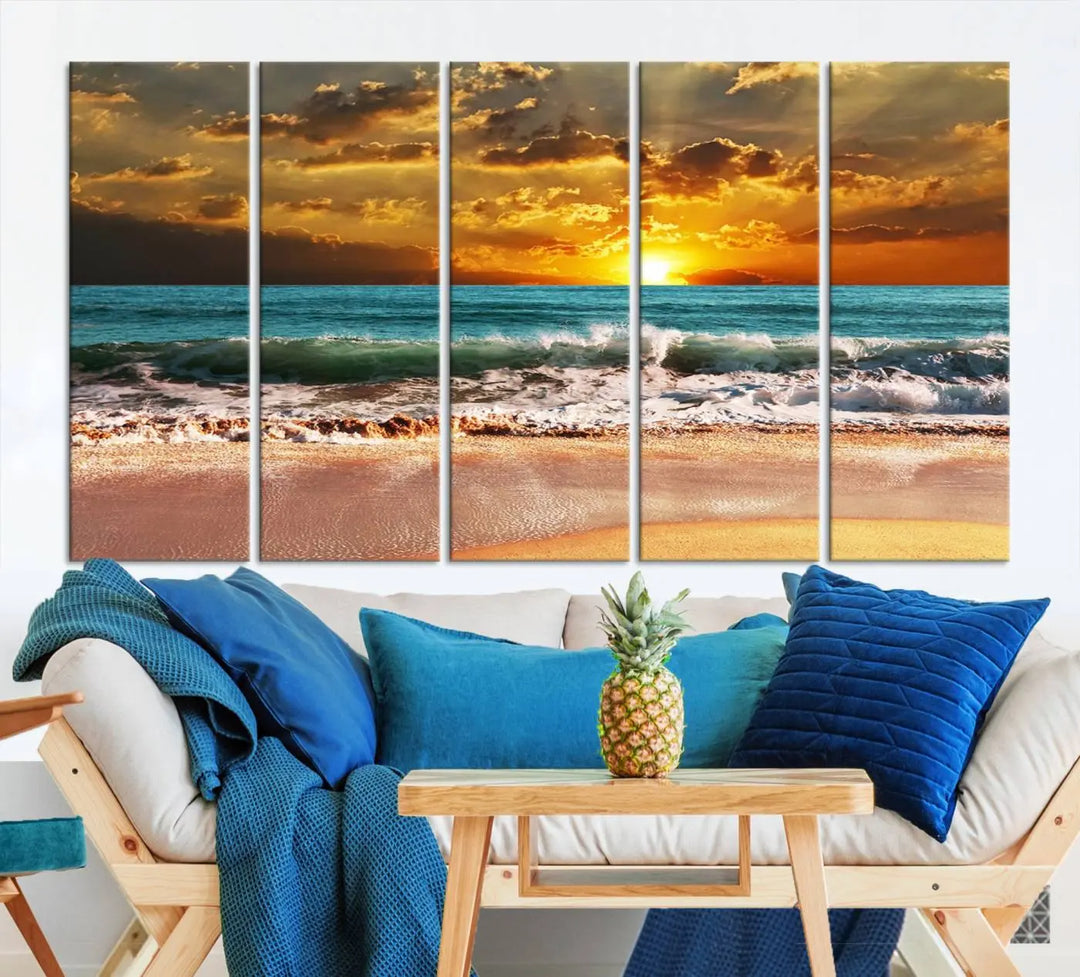 Golden Sunset Beach Canvas Wall Art, a triptych seascape print featuring a serene ocean sunset, is displayed prominently.