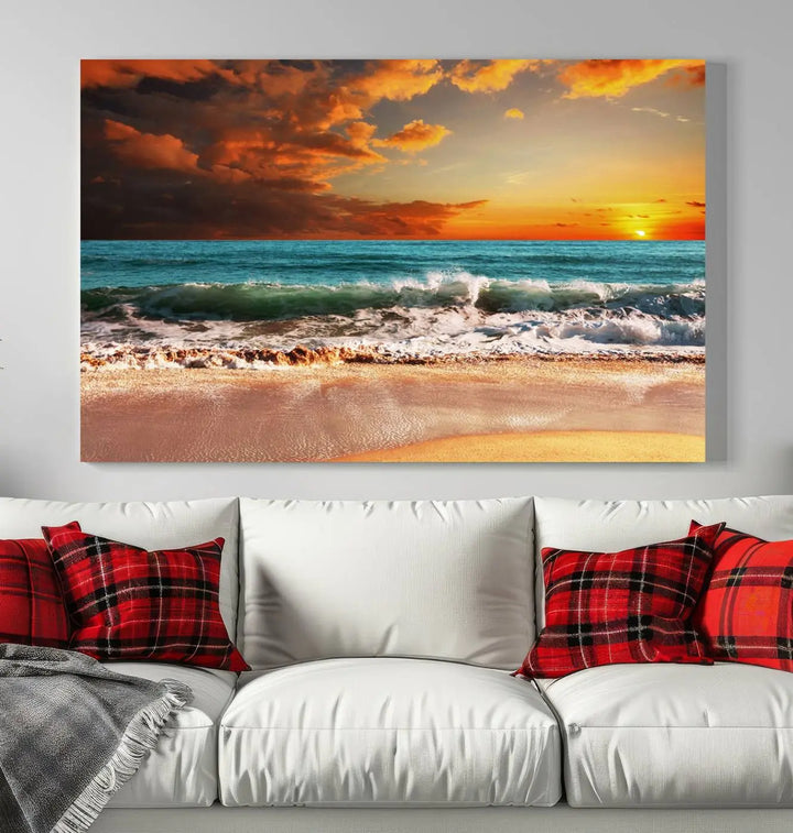 The living room features the stunning Golden Sunset Beach Canvas Wall Art—Triptych Seascape Print—framed and ready to hang on the wall.