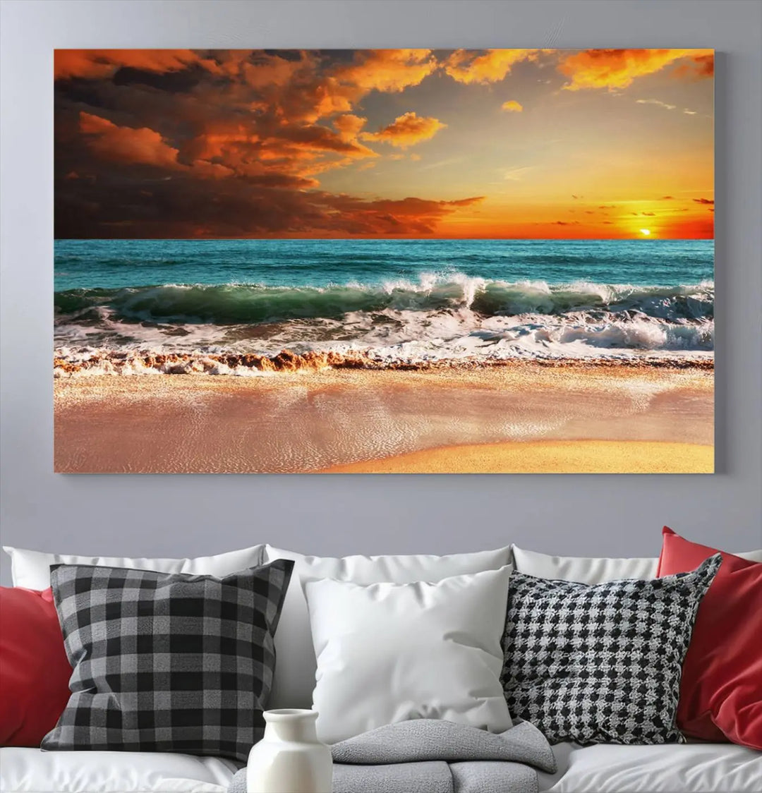 The living room features the stunning Golden Sunset Beach Canvas Wall Art—Triptych Seascape Print—framed and ready to hang on the wall.