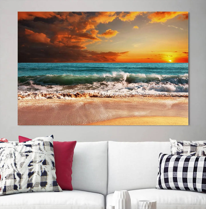 The living room features the stunning Golden Sunset Beach Canvas Wall Art—Triptych Seascape Print—framed and ready to hang on the wall.