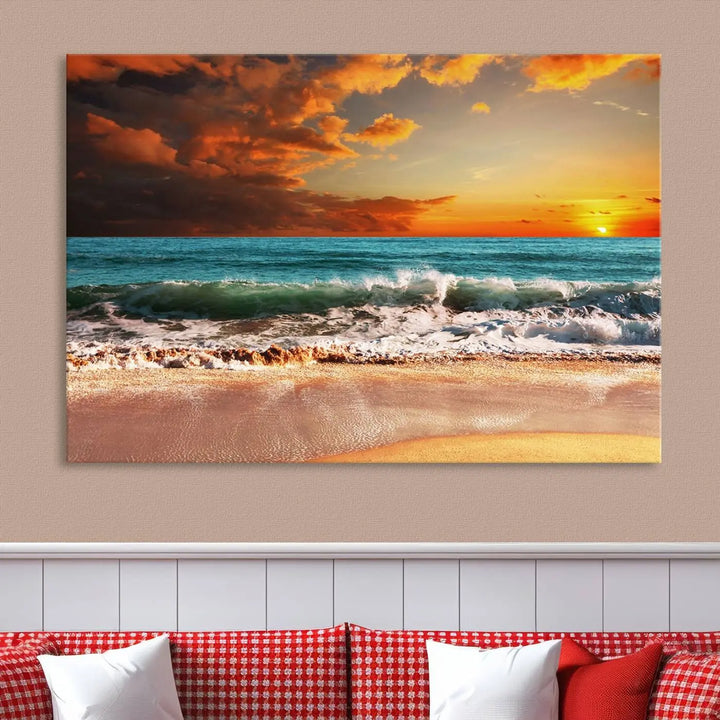 The living room features the stunning Golden Sunset Beach Canvas Wall Art—Triptych Seascape Print—framed and ready to hang on the wall.