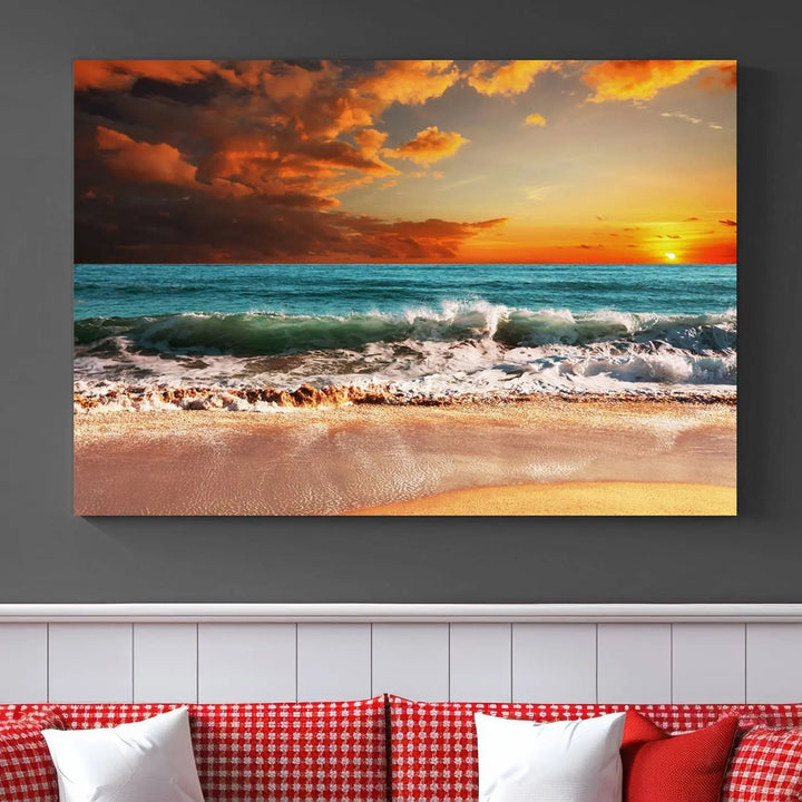 The living room features the stunning Golden Sunset Beach Canvas Wall Art—Triptych Seascape Print—framed and ready to hang on the wall.