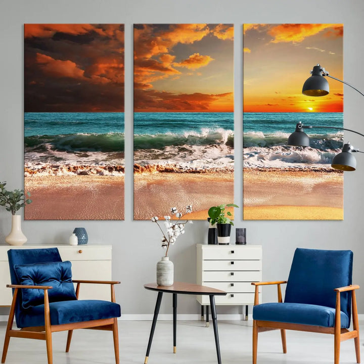 The living room features the stunning Golden Sunset Beach Canvas Wall Art—Triptych Seascape Print—framed and ready to hang on the wall.