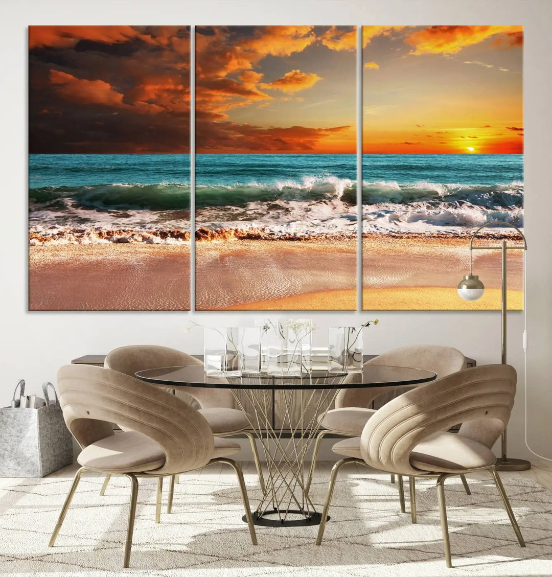 The living room features the stunning Golden Sunset Beach Canvas Wall Art—Triptych Seascape Print—framed and ready to hang on the wall.