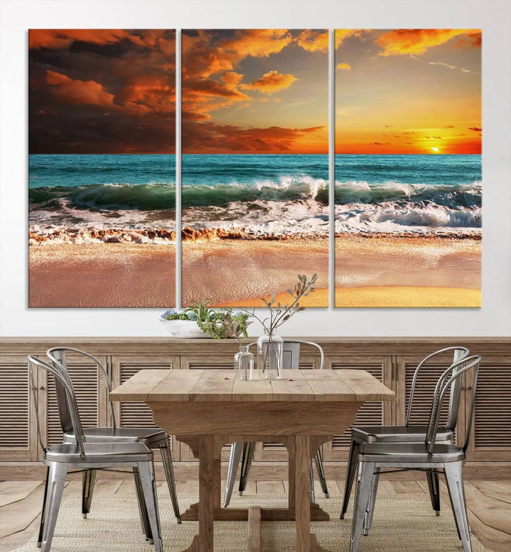 The living room features the stunning Golden Sunset Beach Canvas Wall Art—Triptych Seascape Print—framed and ready to hang on the wall.