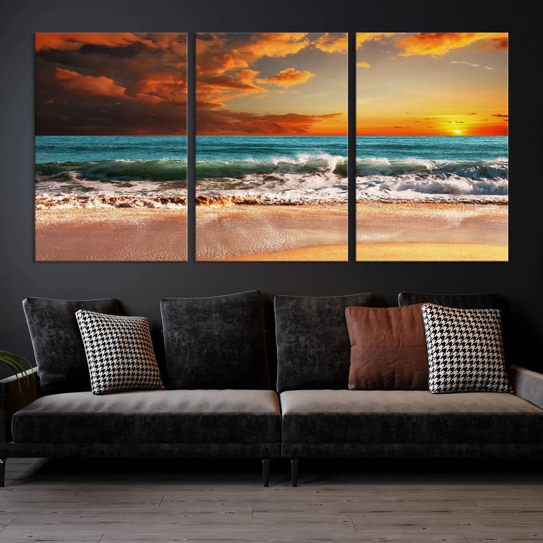 The living room features the stunning Golden Sunset Beach Canvas Wall Art—Triptych Seascape Print—framed and ready to hang on the wall.