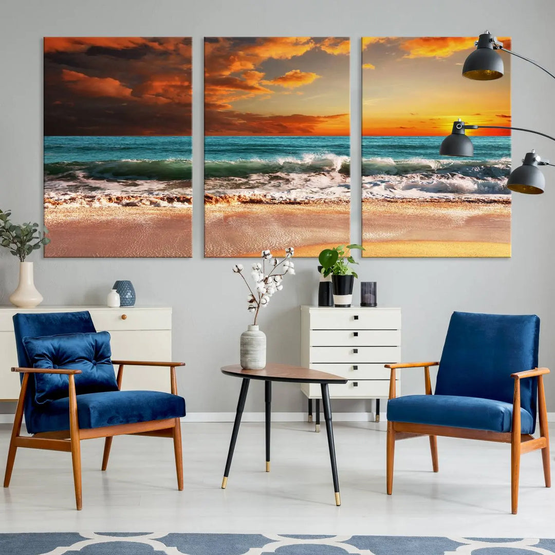 The living room features the stunning Golden Sunset Beach Canvas Wall Art—Triptych Seascape Print—framed and ready to hang on the wall.