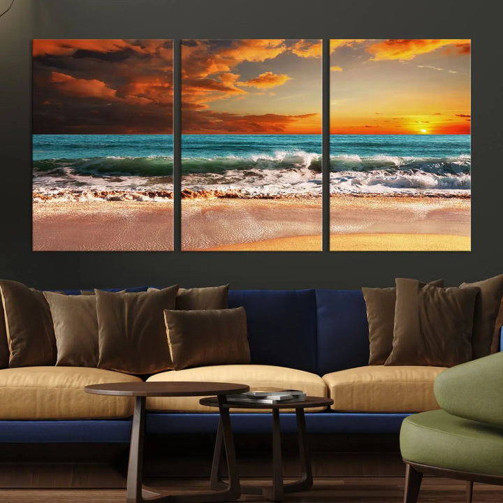 The living room features the stunning Golden Sunset Beach Canvas Wall Art—Triptych Seascape Print—framed and ready to hang on the wall.