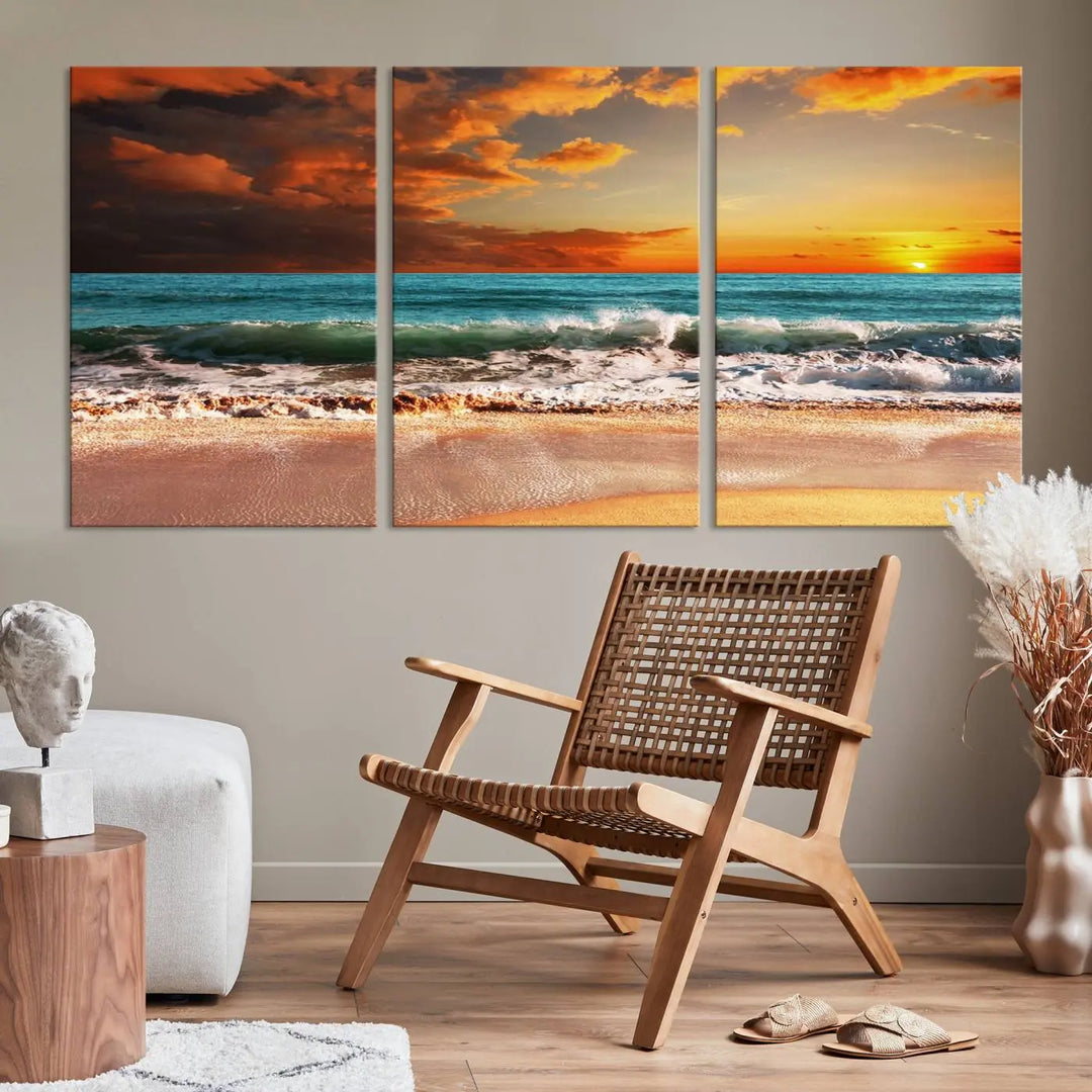 The living room features the stunning Golden Sunset Beach Canvas Wall Art—Triptych Seascape Print—framed and ready to hang on the wall.