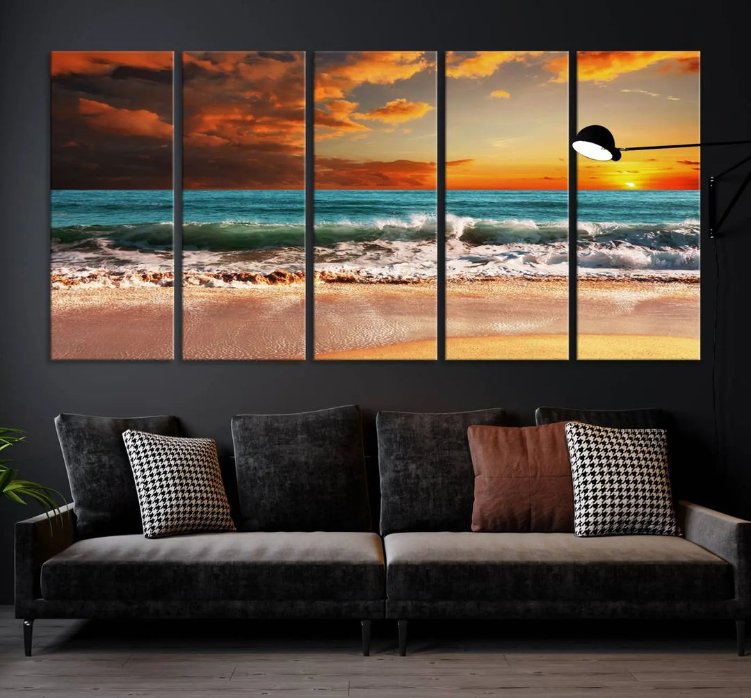 The living room features the stunning Golden Sunset Beach Canvas Wall Art—Triptych Seascape Print—framed and ready to hang on the wall.