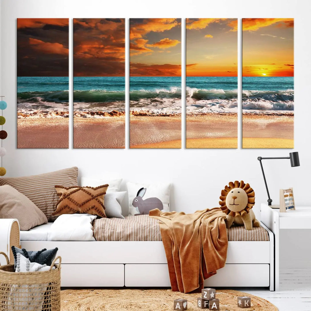 The living room features the stunning Golden Sunset Beach Canvas Wall Art—Triptych Seascape Print—framed and ready to hang on the wall.