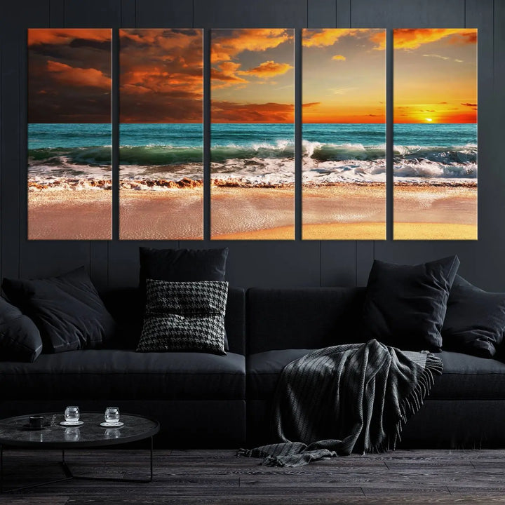 The living room features the stunning Golden Sunset Beach Canvas Wall Art—Triptych Seascape Print—framed and ready to hang on the wall.