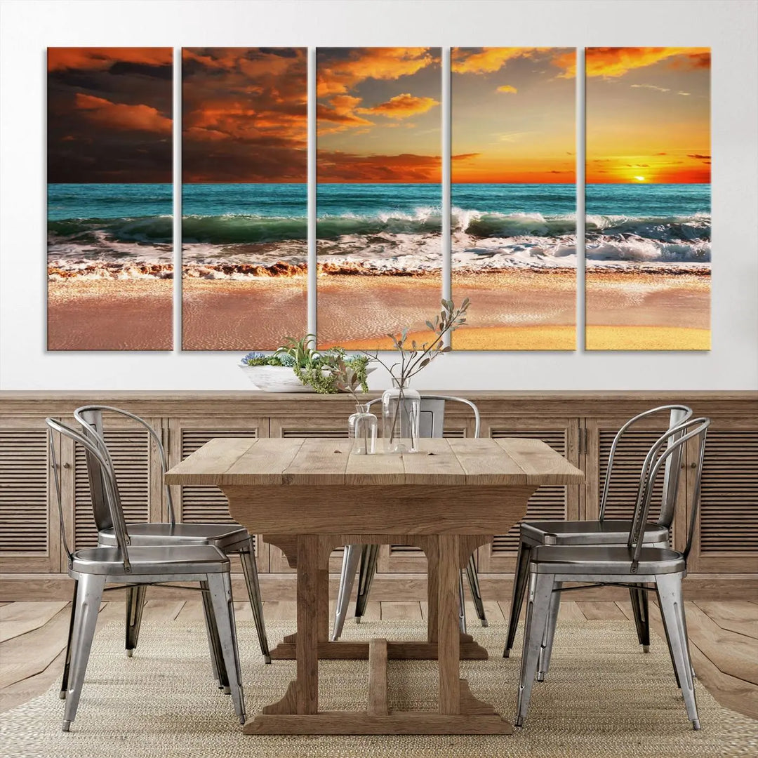 The living room features the stunning Golden Sunset Beach Canvas Wall Art—Triptych Seascape Print—framed and ready to hang on the wall.