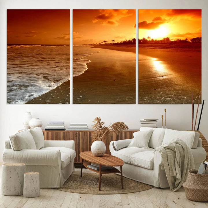 The Golden Sunset Beach Canvas Wall Art, a triptych beach sunset canvas print, infuses the living room with coastal landscape art perfect for relaxation spaces.