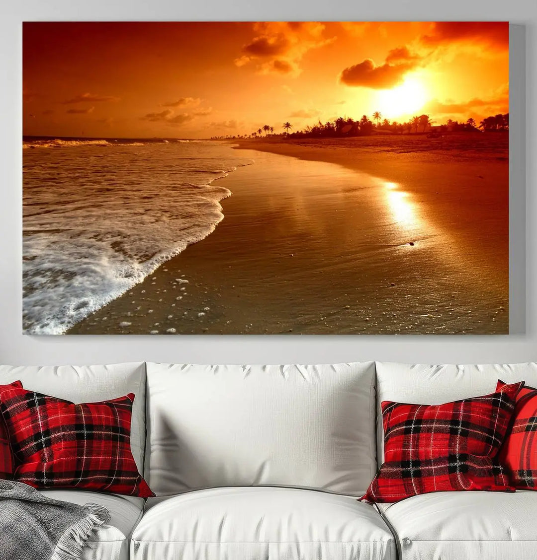 Golden sunset beach canvas wall art. A triptych coastal print perfect for living rooms and relaxation spaces.