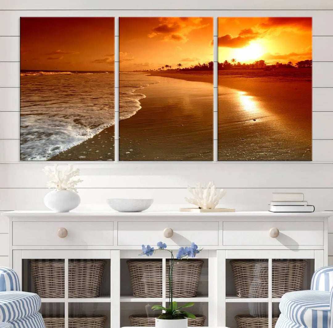 Golden sunset beach canvas wall art. A triptych coastal print perfect for living rooms and relaxation spaces.