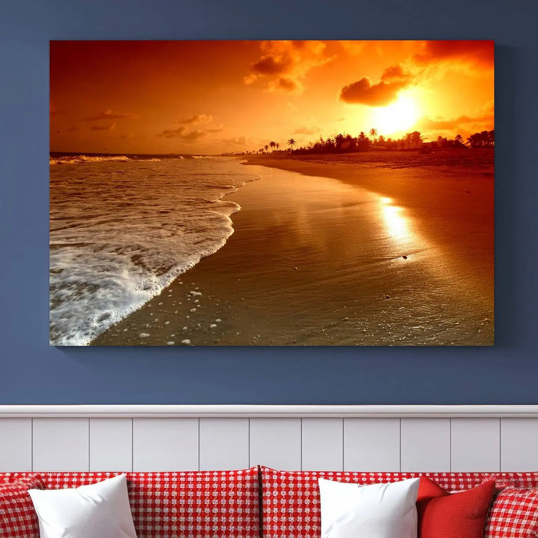 Golden sunset beach canvas wall art. A triptych coastal print perfect for living rooms and relaxation spaces.