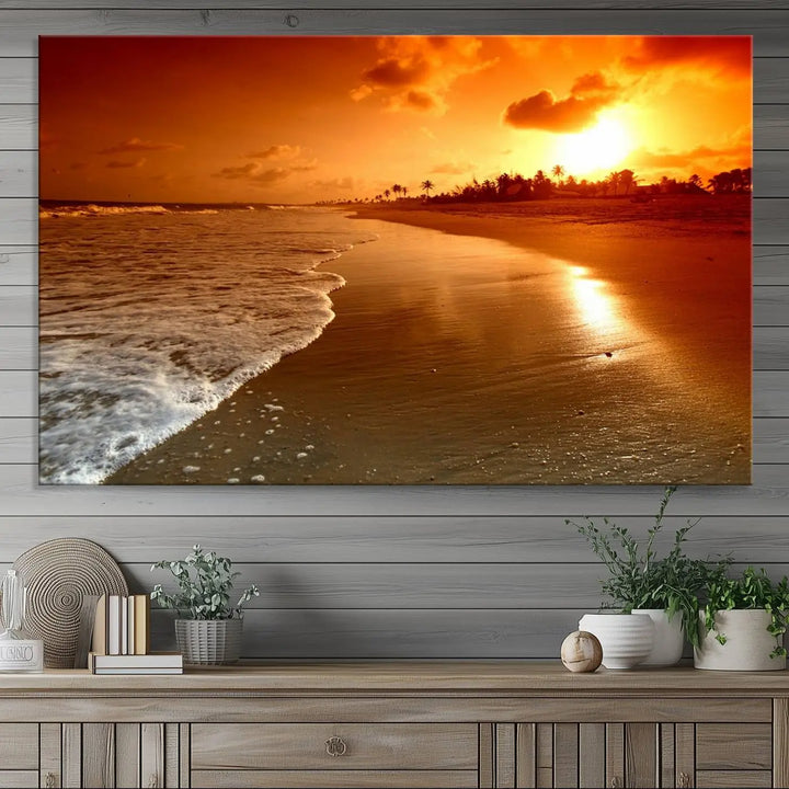 Golden sunset beach canvas wall art. A triptych coastal print perfect for living rooms and relaxation spaces.