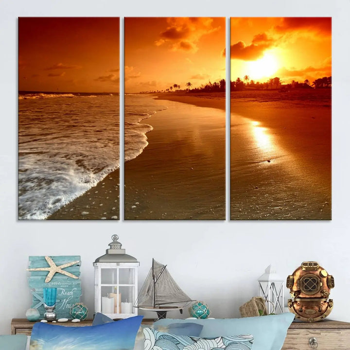 The Golden Sunset Beach Canvas Wall Art, a triptych beach sunset canvas print, infuses the living room with coastal landscape art perfect for relaxation spaces.