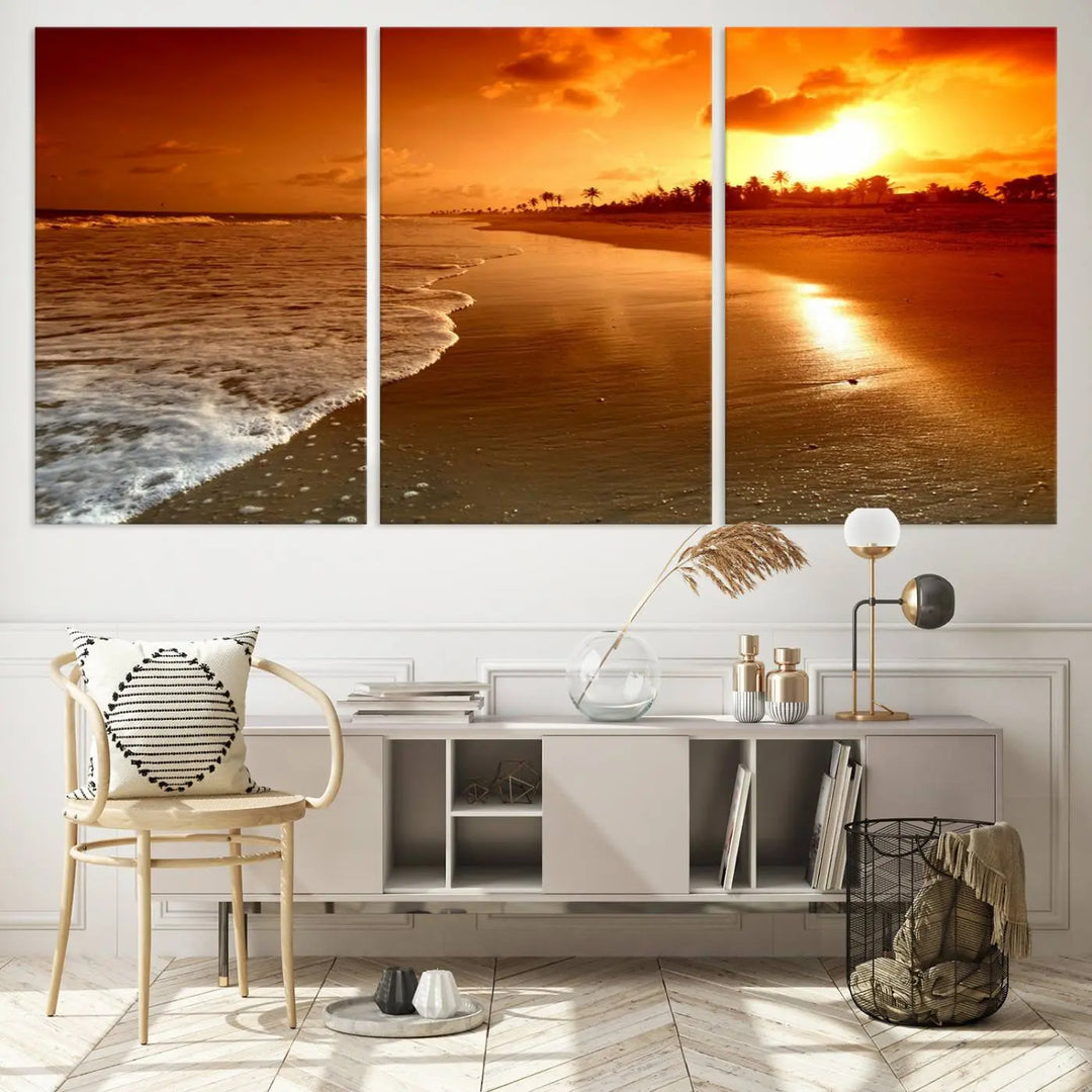 The Golden Sunset Beach Canvas Wall Art, a triptych beach sunset canvas print, infuses the living room with coastal landscape art perfect for relaxation spaces.