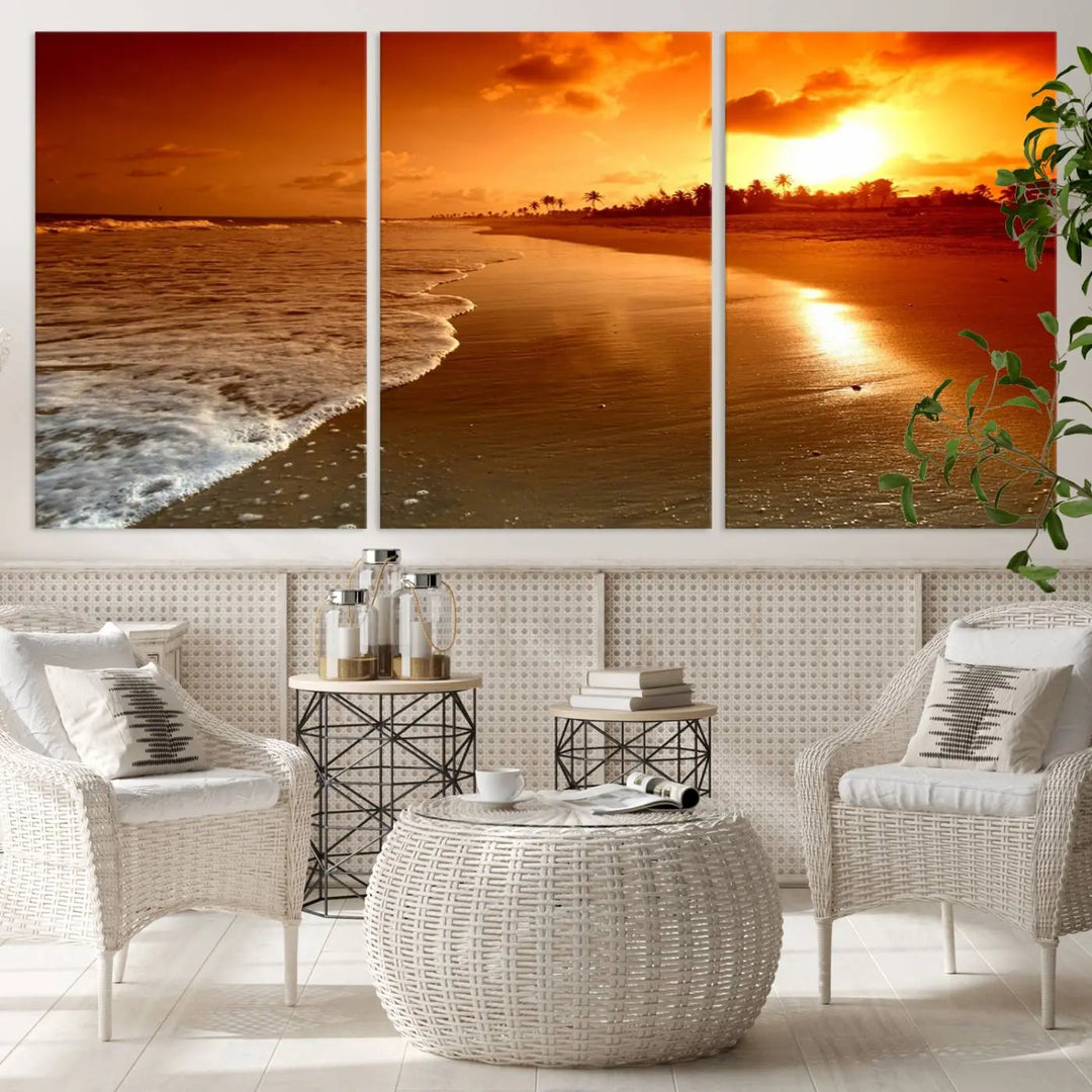 The Golden Sunset Beach Canvas Wall Art, a triptych beach sunset canvas print, infuses the living room with coastal landscape art perfect for relaxation spaces.