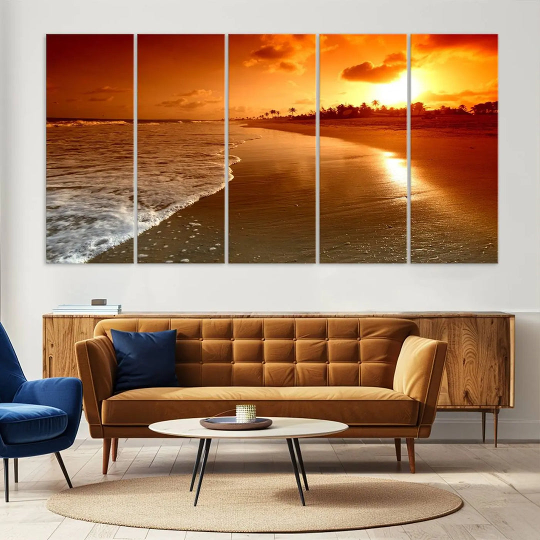 Golden sunset beach canvas wall art. A triptych coastal print perfect for living rooms and relaxation spaces.