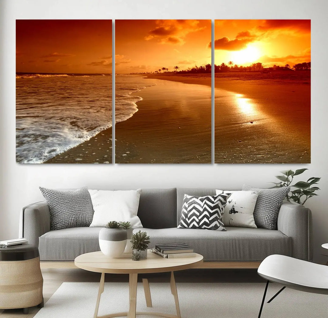 Golden sunset beach canvas wall art. A triptych coastal print perfect for living rooms and relaxation spaces.