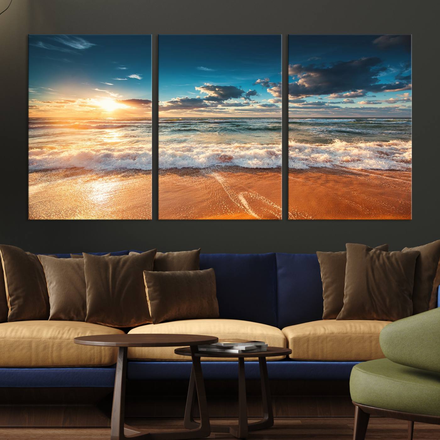 35648-MGV-CV-36X24-Golden Sunset Beach Triptych Canvas Art, Giclee Coastal Wall Decor, Ocean Waves Print, Modern Beach Scene for Home or Office