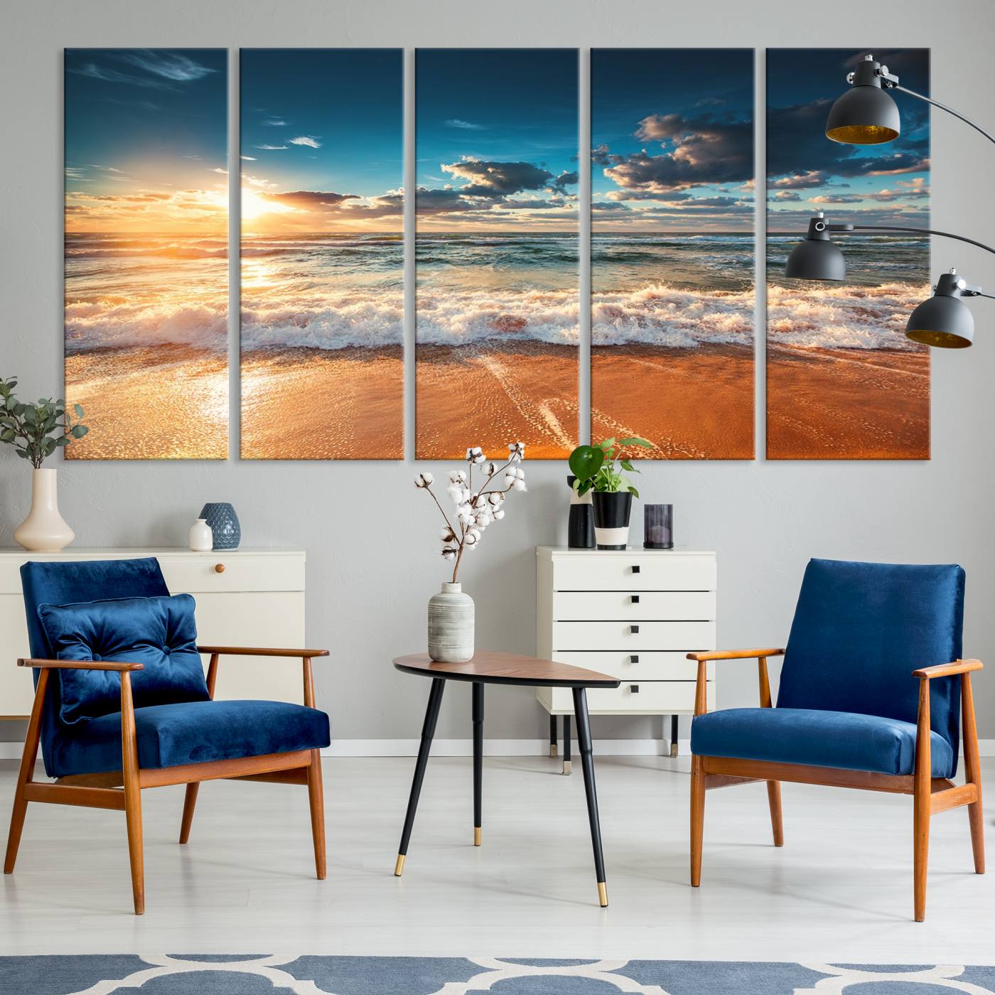 35648-MGV-CV-36X24-Golden Sunset Beach Triptych Canvas Art, Giclee Coastal Wall Decor, Ocean Waves Print, Modern Beach Scene for Home or Office
