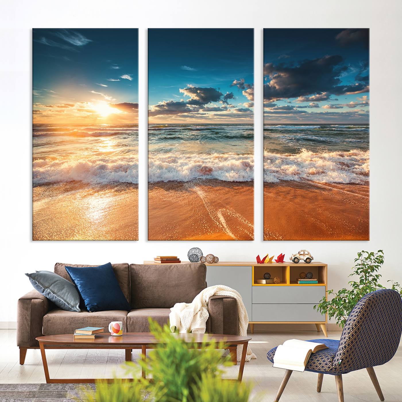 35648-MGV-CV-36X24-Golden Sunset Beach Triptych Canvas Art, Giclee Coastal Wall Decor, Ocean Waves Print, Modern Beach Scene for Home or Office