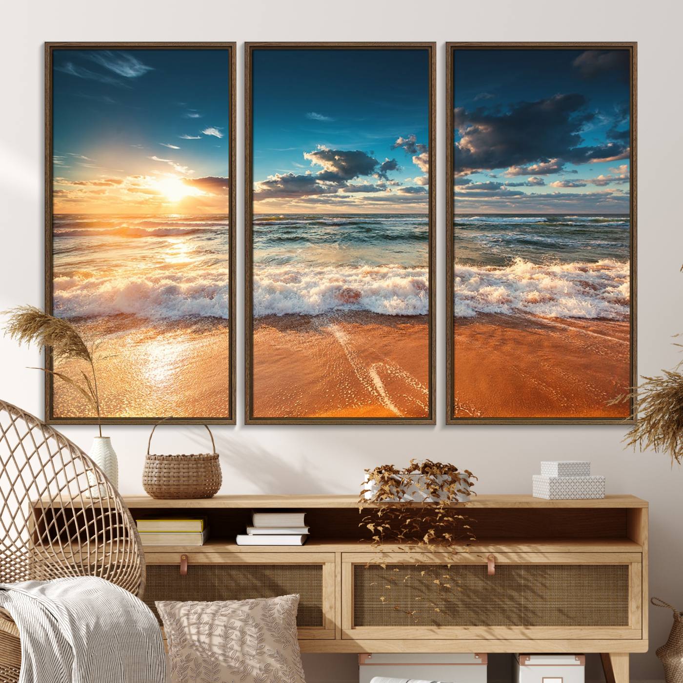 35648-MGV-FC-48X32-3P_Walnut-Golden Sunset Beach Triptych Canvas Art, Giclee Coastal Wall Decor, Ocean Waves Print, Modern Beach Scene for Home or Office