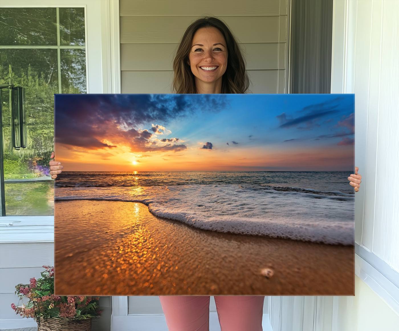 12740-MGV-CV-36X24-Golden Sunset Beach Waves Canvas Print, Triptych Canvas Wall Art, Coastal Shoreline Ocean Waves Giclee Print, Stunning Seascape Sunset Wall
