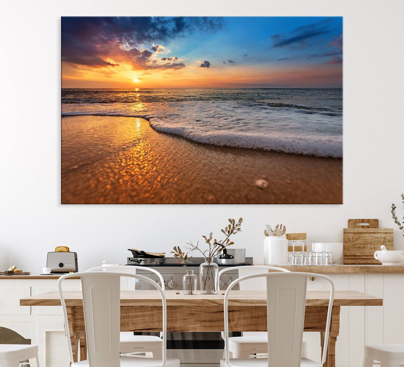 12740-MGV-CV-36X24-Golden Sunset Beach Waves Canvas Print, Triptych Canvas Wall Art, Coastal Shoreline Ocean Waves Giclee Print, Stunning Seascape Sunset Wall