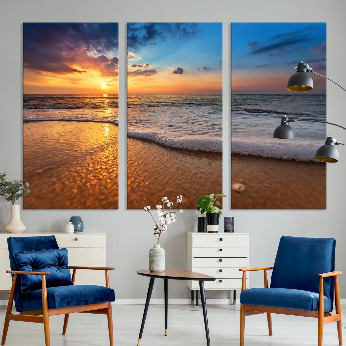 12740-MGV-CV-36X24-Golden Sunset Beach Waves Canvas Print, Triptych Canvas Wall Art, Coastal Shoreline Ocean Waves Giclee Print, Stunning Seascape Sunset Wall