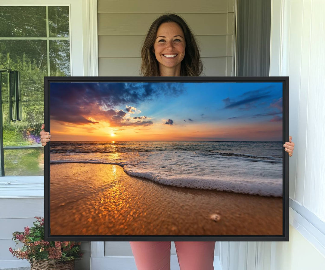 12740-MGV-CV-36X24-Golden Sunset Beach Waves Canvas Print, Triptych Canvas Wall Art, Coastal Shoreline Ocean Waves Giclee Print, Stunning Seascape Sunset Wall
