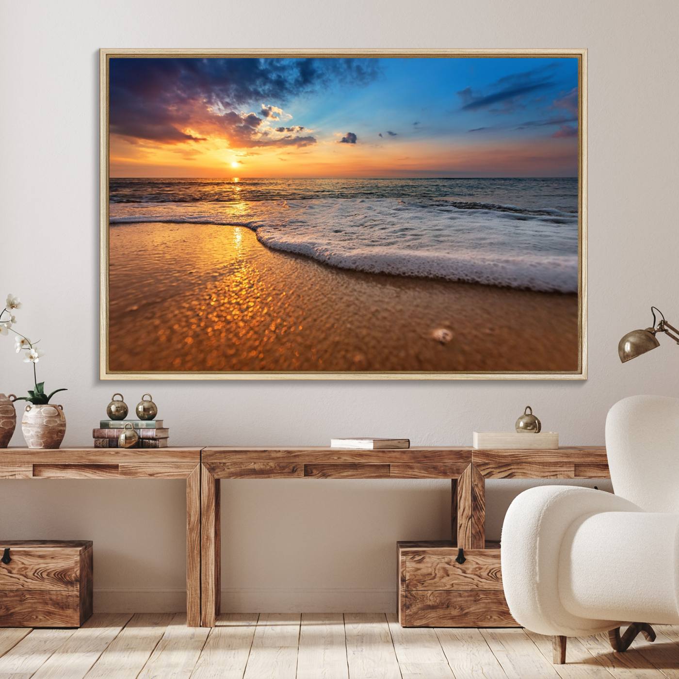 12740-MGV-FC-36X24_Natural-Golden Sunset Beach Waves Canvas Print, Triptych Canvas Wall Art, Coastal Shoreline Ocean Waves Giclee Print, Stunning Seascape Sunset Wall