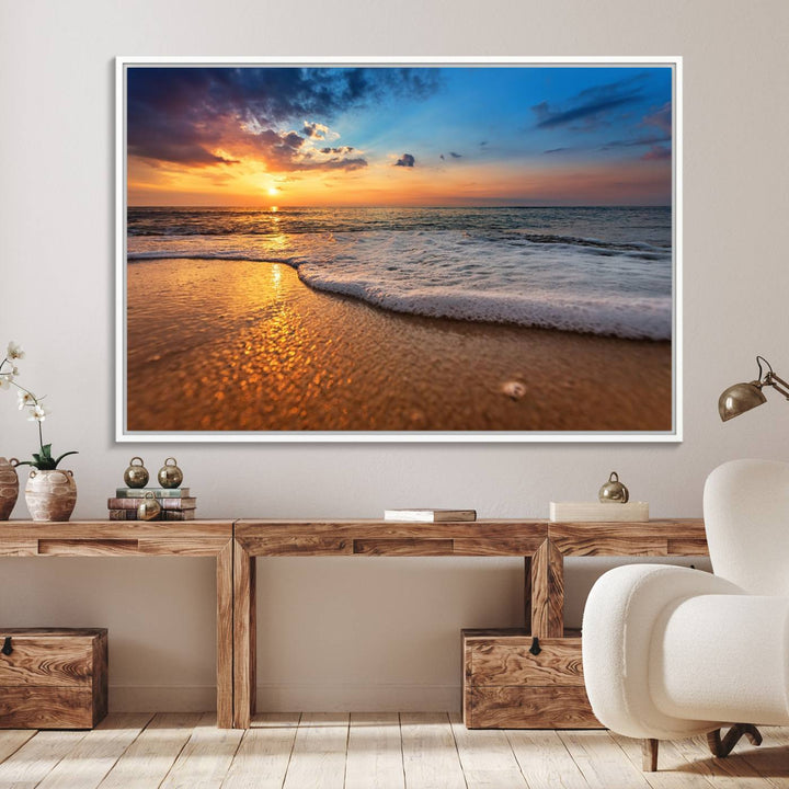 12740-MGV-FC-36X24_White-Golden Sunset Beach Waves Canvas Print, Triptych Canvas Wall Art, Coastal Shoreline Ocean Waves Giclee Print, Stunning Seascape Sunset Wall