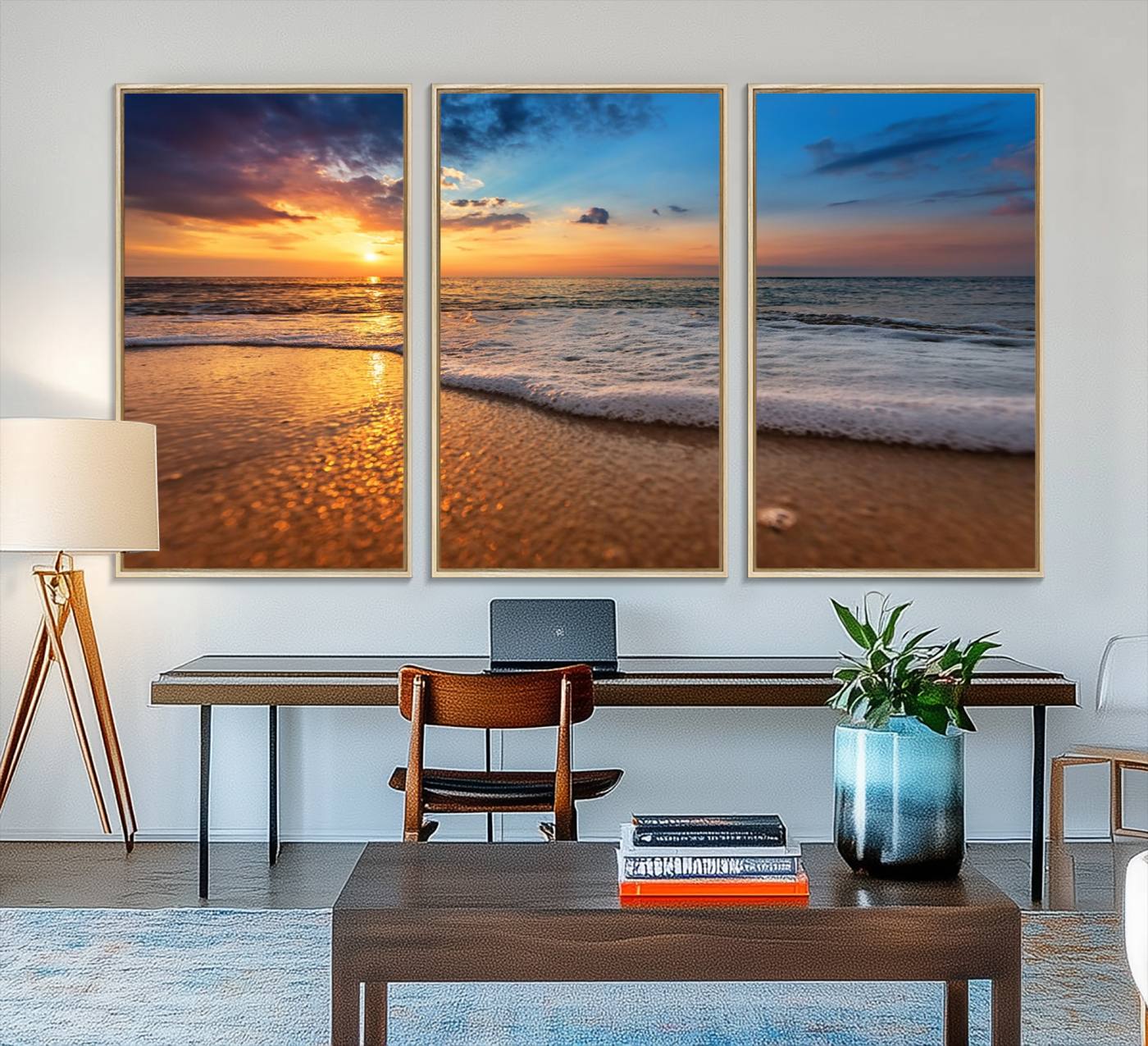 12740-MGV-FC-48X32-3P_Natural-Golden Sunset Beach Waves Canvas Print, Triptych Canvas Wall Art, Coastal Shoreline Ocean Waves Giclee Print, Stunning Seascape Sunset Wall