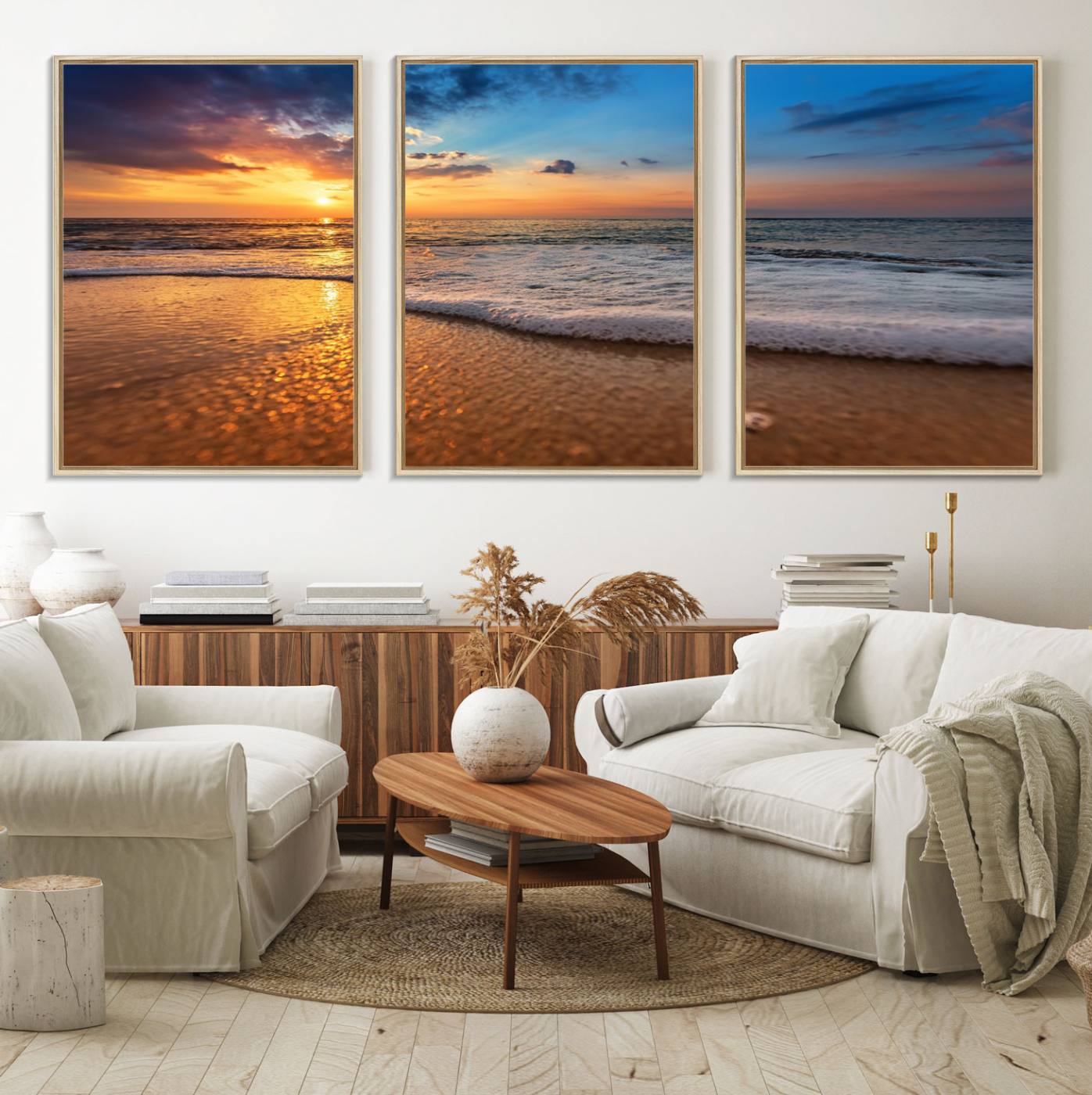 12740-MGV-FC-60X30-3P_Natural-Golden Sunset Beach Waves Canvas Print, Triptych Canvas Wall Art, Coastal Shoreline Ocean Waves Giclee Print, Stunning Seascape Sunset Wall