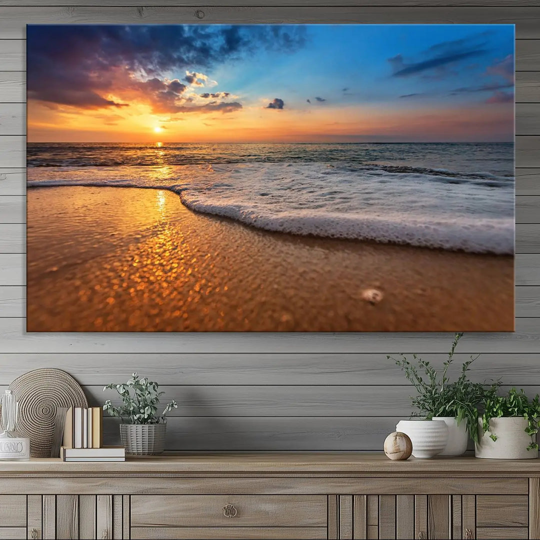 Golden sunset beach waves triptych canvas print featuring a coastal seascape. High-quality giclee canvas art, perfect for beach house or modern home decor.