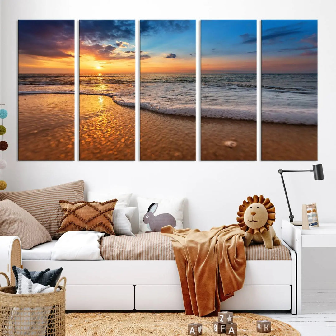 Golden sunset beach waves triptych canvas print featuring a coastal seascape. High-quality giclee canvas art, perfect for beach house or modern home decor.