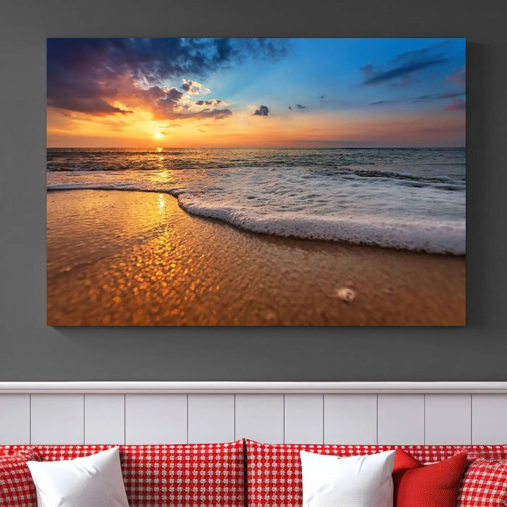 Golden sunset beach waves triptych canvas print featuring a coastal seascape. High-quality giclee canvas art, perfect for beach house or modern home decor.