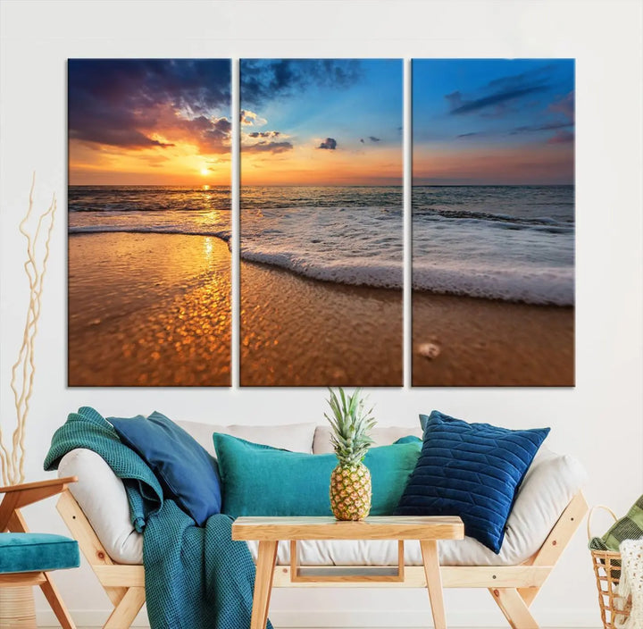 Golden sunset beach waves triptych canvas print featuring a coastal seascape. High-quality giclee canvas art, perfect for beach house or modern home decor.