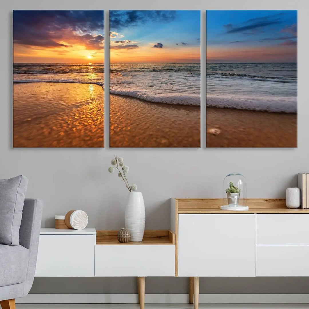 Golden sunset beach waves triptych canvas print featuring a coastal seascape. High-quality giclee canvas art, perfect for beach house or modern home decor.