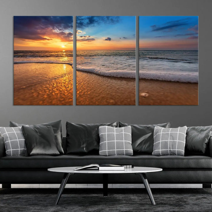 Golden sunset beach waves triptych canvas print featuring a coastal seascape. High-quality giclee canvas art, perfect for beach house or modern home decor.