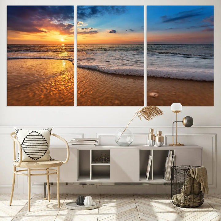 Golden sunset beach waves triptych canvas print featuring a coastal seascape. High-quality giclee canvas art, perfect for beach house or modern home decor.