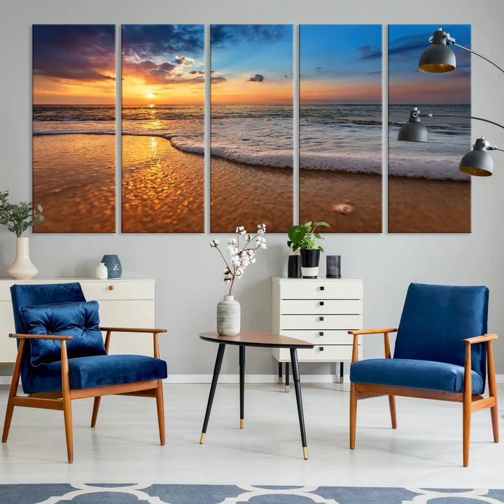 Golden sunset beach waves triptych canvas print featuring a coastal seascape. High-quality giclee canvas art, perfect for beach house or modern home decor.