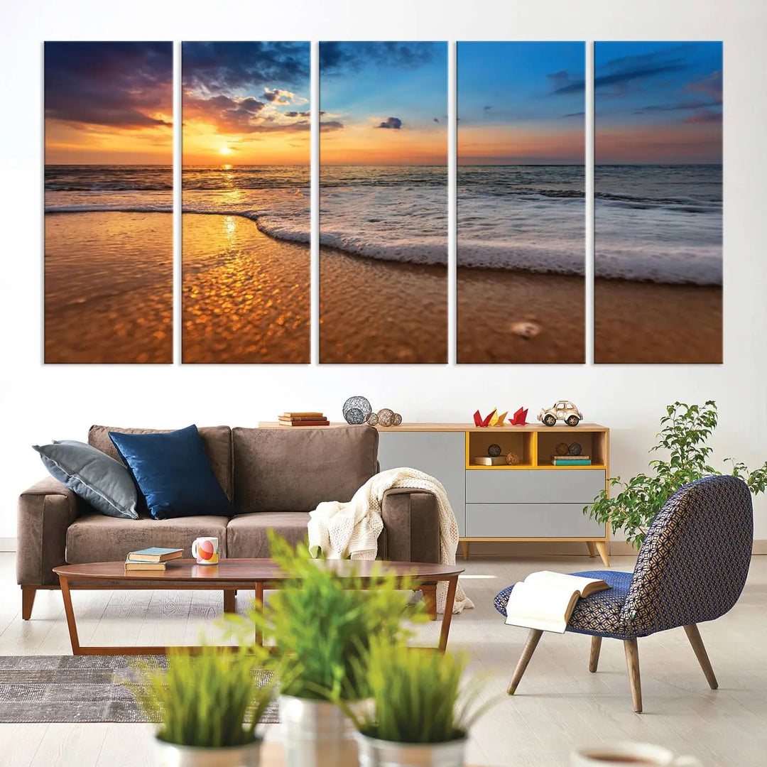 Golden sunset beach waves triptych canvas print featuring a coastal seascape. High-quality giclee canvas art, perfect for beach house or modern home decor.